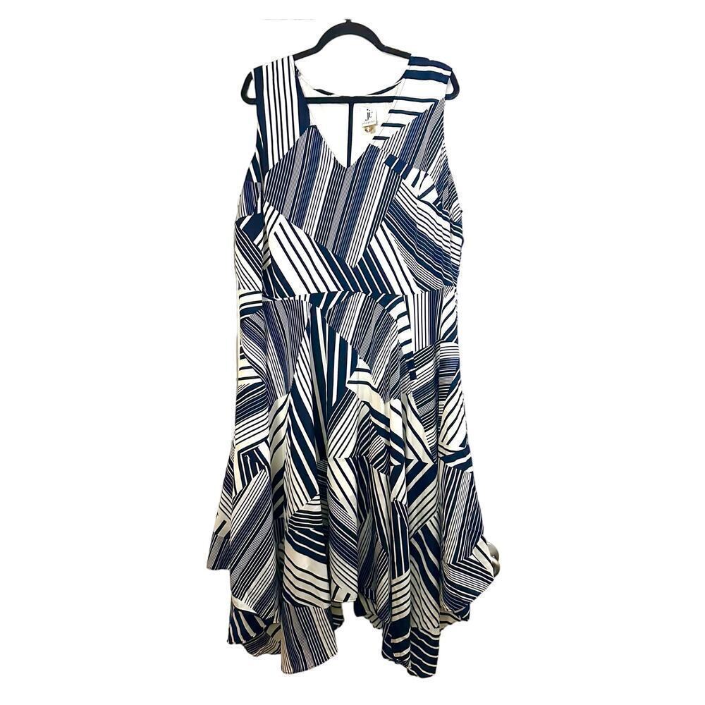 JULIA JORDAN Navy White Asymmetric Handkerchief Hem Geometric Midi Dress - 18W